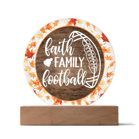 Fall Leaves - Football | Fall | Faith | Family - Football LED Acrylic Sign, Office Desk, Fireplace Mantle, Table Centerpiece, Bedside Decorative LED Night Light