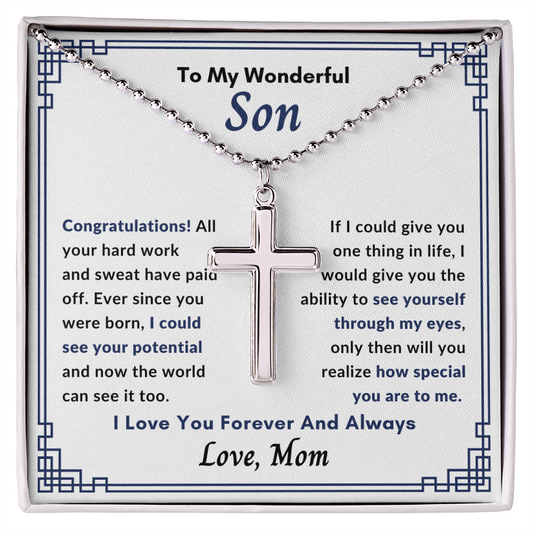 To My Amazing Son, Congratulations Cross Necklace Gift, From Mom