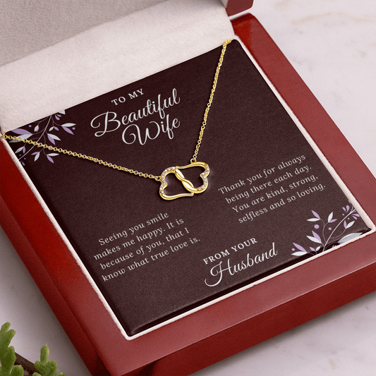 To My Beautiful Wife Gift Necklace From Husband Two Hearts Solid Yellow Gold Jewelry With 18 Pave Set Diamonds Gift For Mother's Day, Birthday, Anniversary, Bridal, Christmas, Valentine's Day, Any Occasion