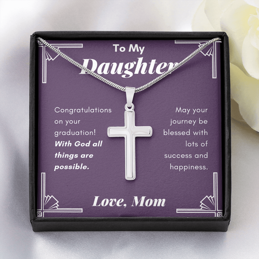 To My Daughter Gift, Love Mom, Graduation Gift, Stainless Steel Cross Necklace Jewelry