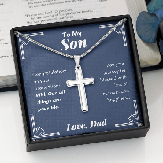 To My Son Graduation Gift, Love Dad, Stainless Steel Cross Necklace Jewelry