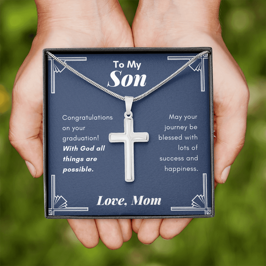 To My Son, Love Mom, Graduation Gift, Stainless Steel Cross Necklace Jewelry