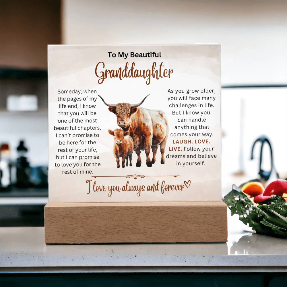 To Beautiful Granddaughter - Laugh Love Live - Acrylic Gift Plaque With LED Night Light Highland Bull Cow Design 