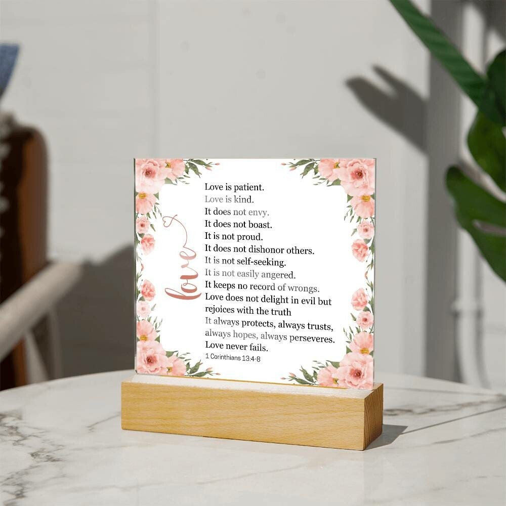 1 Corinthians 13:4-8 Love Is Patient, Kind | Scripture Desk Plaque | Mood Night Light